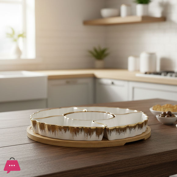 Elegant 6-Piece Ceramic & Bamboo Serving Platter Versatile Divided Appetizer Dish