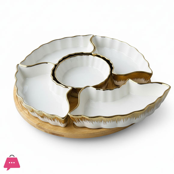 Elegant 6-Piece Ceramic & Bamboo Serving Platter Versatile Divided Appetizer Dish