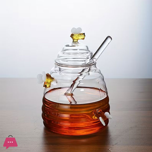 Glass Honeycomb Tank with Dipper & Lid - Clear Honey Storage Container