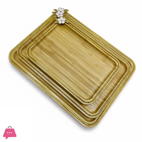 Luxury Bamboo Serving Trays Stackable Serving Trays with Gold Colored Rims Floral Accents 3 - Pcs