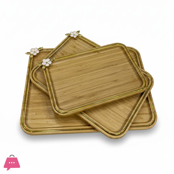 Luxury Bamboo Serving Trays Stackable Serving Trays with Gold Colored Rims Floral Accents 3 - Pcs