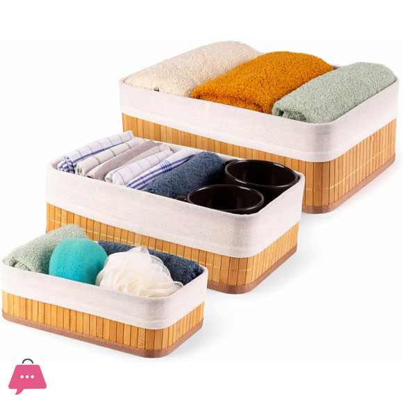 Natural Bamboo Storage Baskets with Fabric Lining Set of 3
