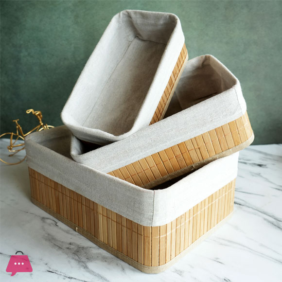 Natural Bamboo Storage Baskets with Fabric Lining Set of 3