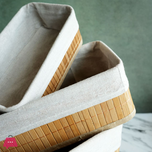 Natural Bamboo Storage Baskets with Fabric Lining Set of 3