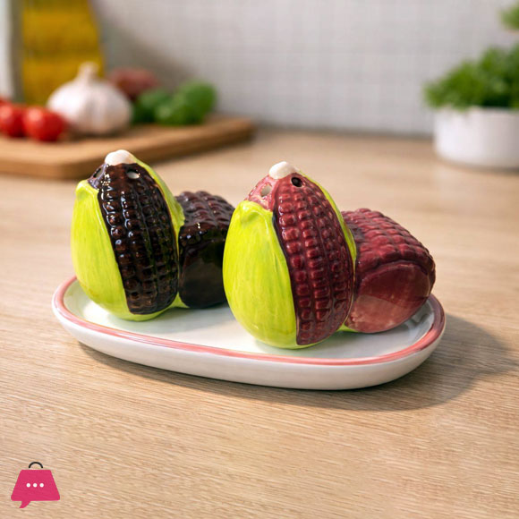 Novelty Corn & Beet Ceramic Salt & Pepper Shaker Set with Tray