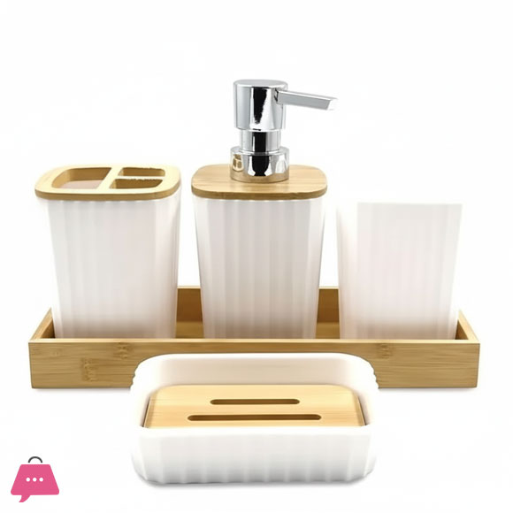 Plastic Bathroom Set 5 Piece with Bamboo Wood Tray