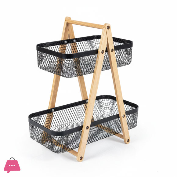Premium Collapsible 2-Tier Mesh Storage Basket with Wood Frame