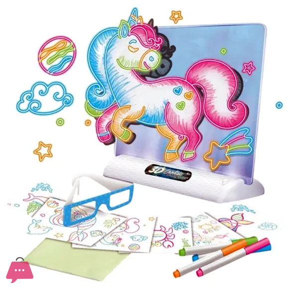 Unicorn 3D Magic Drawing Board with LED Backlight & 4 Neon Markers and Glasses