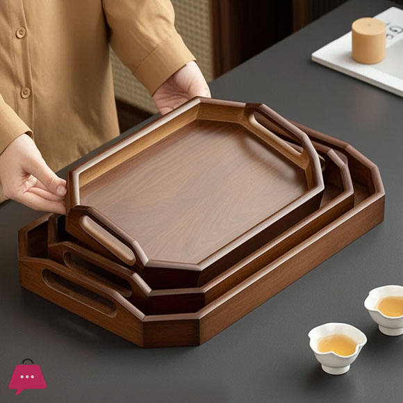 Walnut Shaped Octagonal Handle Tray Set 3 Pcs
