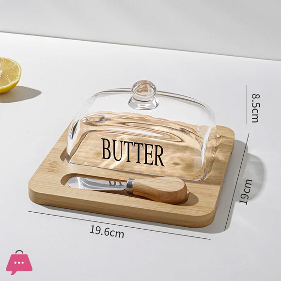 Wood Butter Dish with Glass Lid and Knife