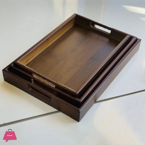 Wooden Tray Set Carved Side Handle