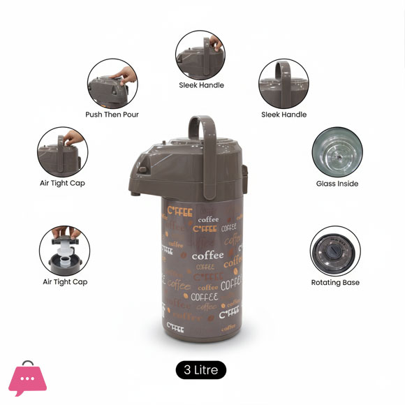 3-Liter Airpot Thermos Flask with Glass Liner – Pump Action Coffee & Tea Dispenser – 360° Rotating Base