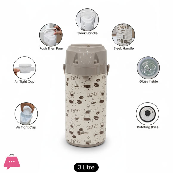3-Liter Airpot Thermos Flask with Glass Liner – Pump Action Coffee & Tea Dispenser – 360° Rotating Base
