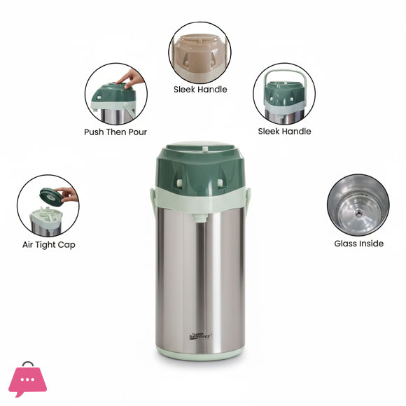 3-Liter Stainless Steel Airpot Thermos Vacuum Insulated Pump Flask with Glass Liner & Rotating Base (Available in Blue, Brown, Green)