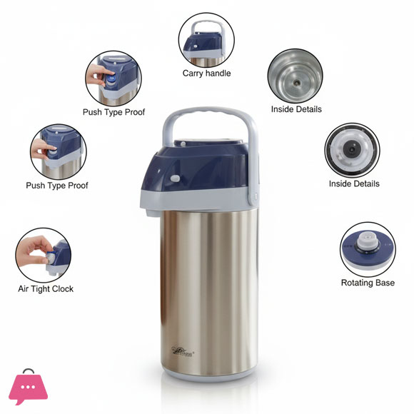 3-Liter Stainless Steel Airpot Thermos Vacuum Insulated Pump Flask with Glass Liner & Rotating Base (Available in Blue, Brown, Green)