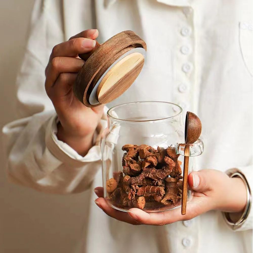 Glass Jars with Wooden Lids with Spoons Set of 3