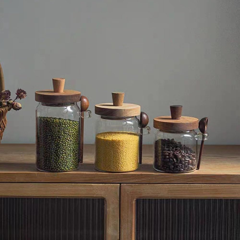 Glass Jars with Wooden Lids with Spoons Set of 3