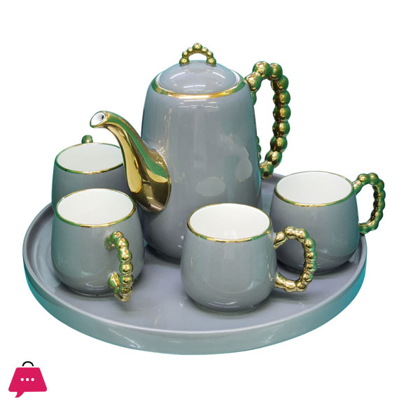 9 Pcs Porcelain Tea Set With Rotating Round Tray