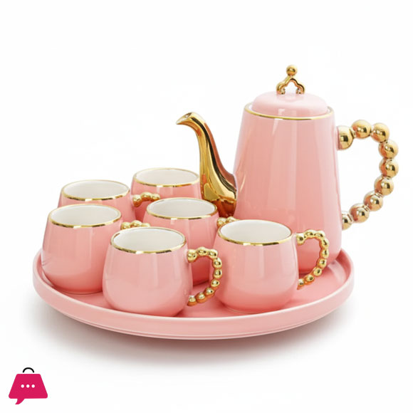 9 Pcs Porcelain Tea Set With Rotating Round Tray