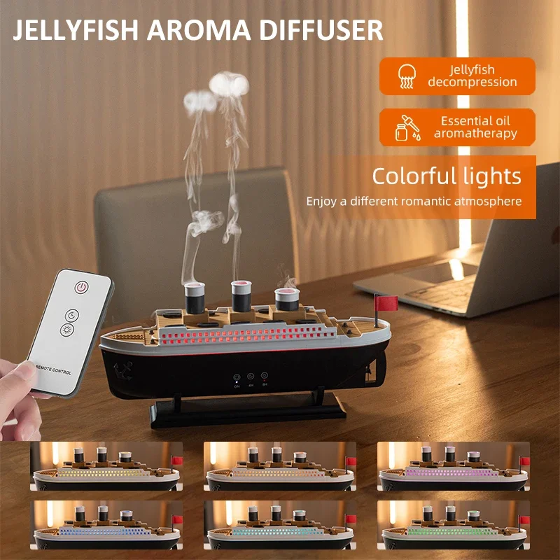Titanic Ship Model Air Humidifier Jellyfish Smoke Ring Spray Aroma Diffuser Night Light for Home