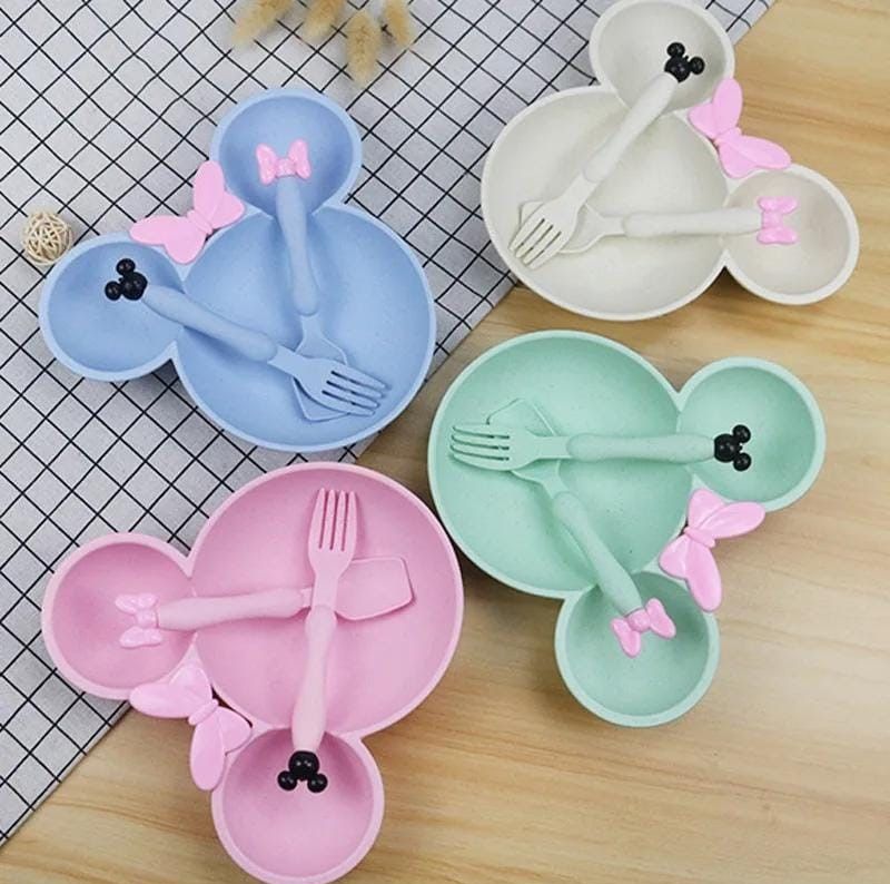 Cute MickeyMouse Shape Kids Dinner Plate with Spoon and Fork BPA Free Multi Color
