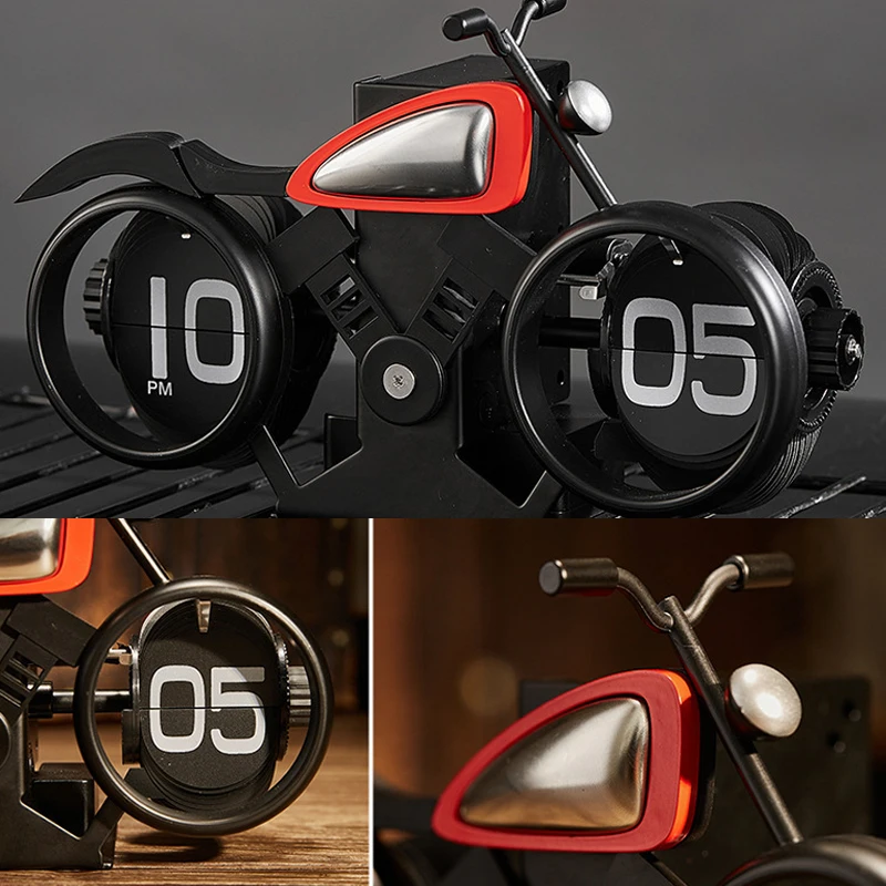 Vintage Motorcycle Flip Page Clock Automatic Page Turning Quartz Time Clocks