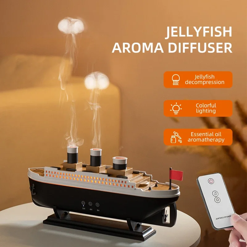 Titanic Ship Model Air Humidifier Jellyfish Smoke Ring Spray Aroma Diffuser Night Light for Home