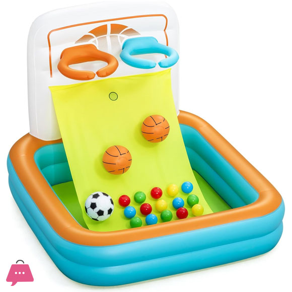 Bestway Kick N Swish - 3-in-1 Multi-Use Ball Pit Inflatable Sports Activitiy Center Basketball-Soccer-Ball Pit Indoor-Outdoor Kids 2+ 47 inchx 42 inchx33 inch