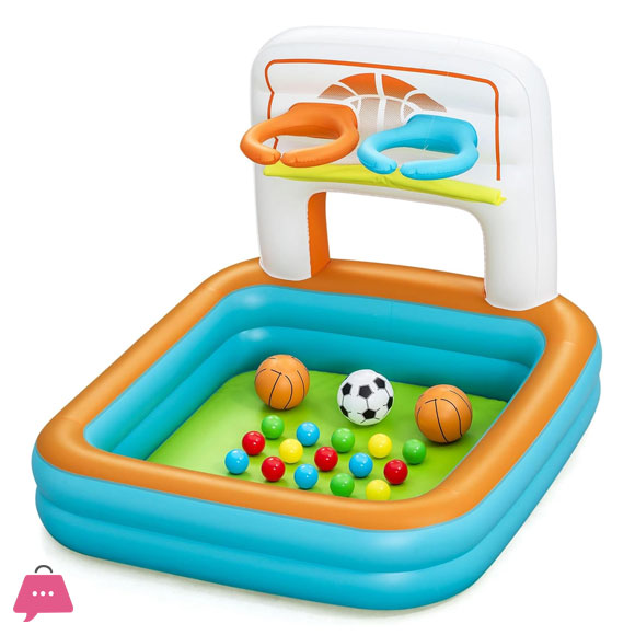 Bestway Kick N Swish - 3-in-1 Multi-Use Ball Pit Inflatable Sports Activitiy Center Basketball-Soccer-Ball Pit Indoor-Outdoor Kids 2+ 47 inchx 42 inchx33 inch
