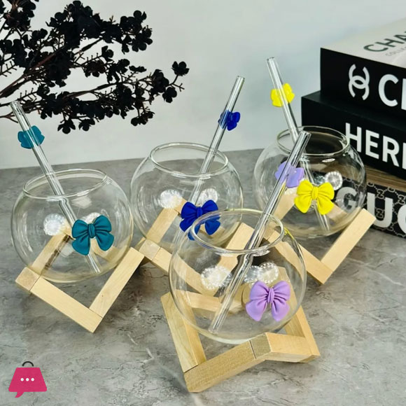 Bow Round Ball Glass Tumblers with Glass Straws and Wooden Stands