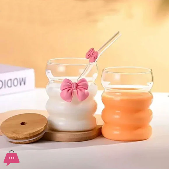 Bow Wavy Ice Tea Glass 350ML with Straw & Bamboo Lid