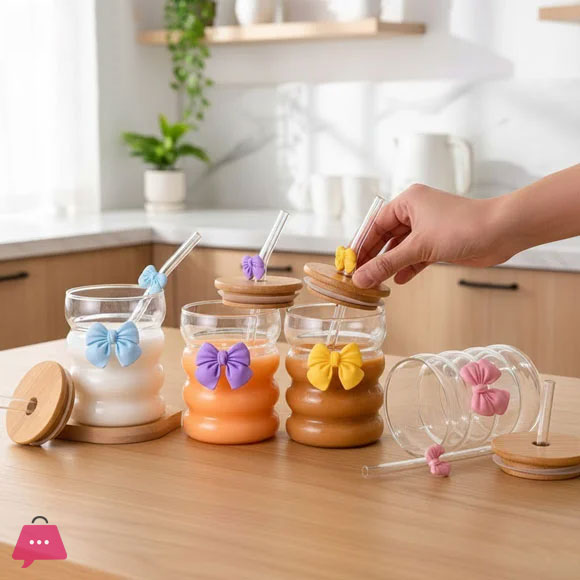 Bow Wavy Ice Tea Glass 350ML with Straw & Bamboo Lid