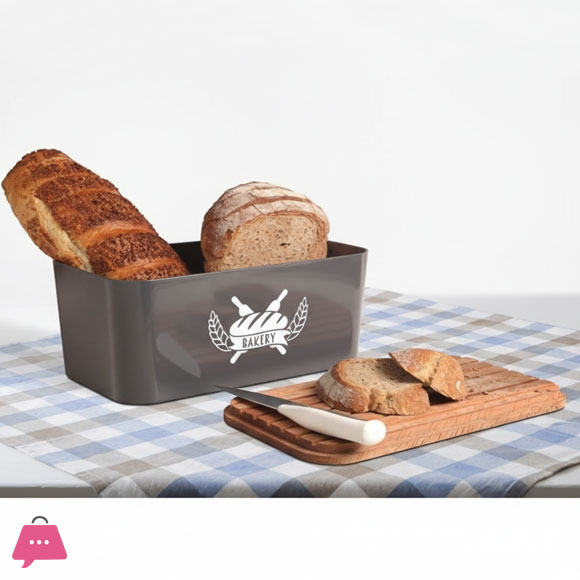 Bread Box Pandeia Gray With Bamboo Lid Used as a Cutting Board