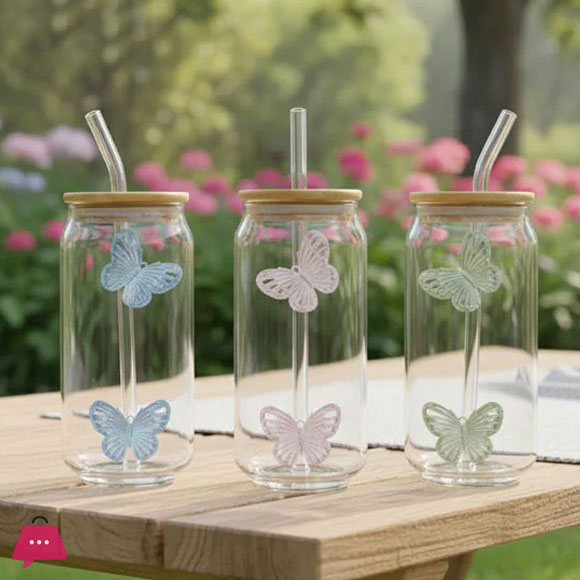 Butterfly Ice Tea Glass with Straw & Lid