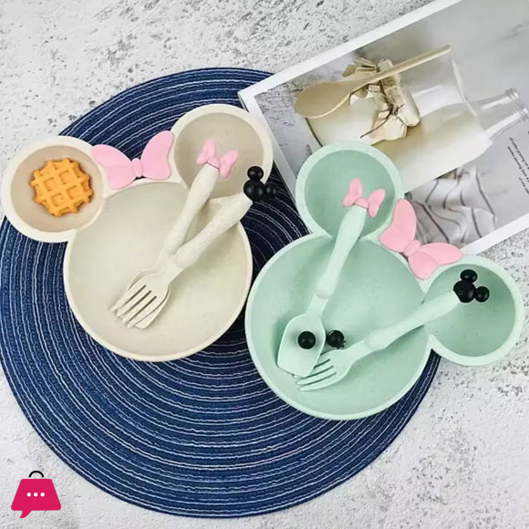 Cute MickeyMouse Shape Kids Dinner Plate with Spoon and Fork BPA Free Multi Color