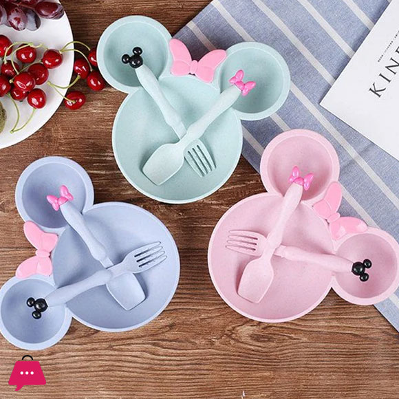 Cute MickeyMouse Shape Kids Dinner Plate with Spoon and Fork BPA Free Multi Color