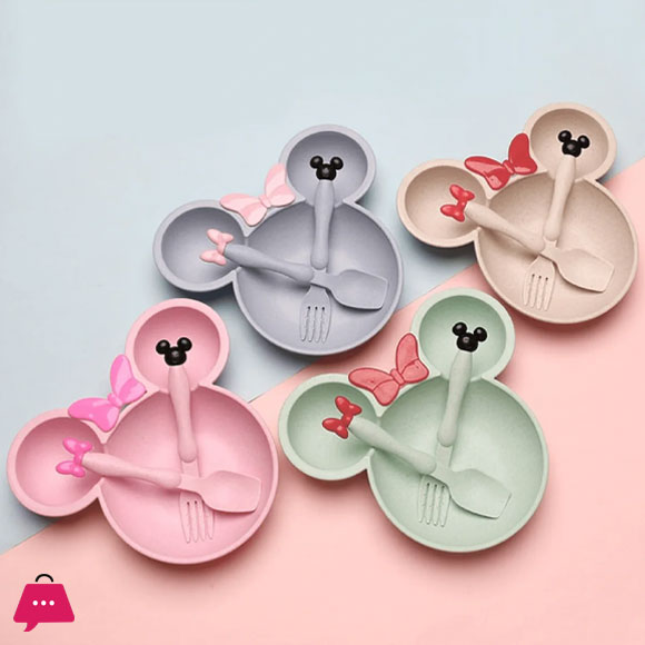 Cute MickeyMouse Shape Kids Dinner Plate with Spoon and Fork BPA Free Multi Color