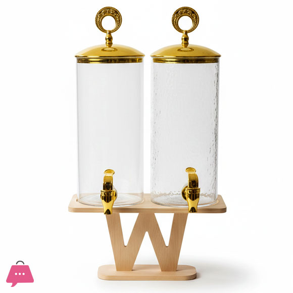 European Style Glass Beverage Dispensers with Wood Stand Gold Color Lid
