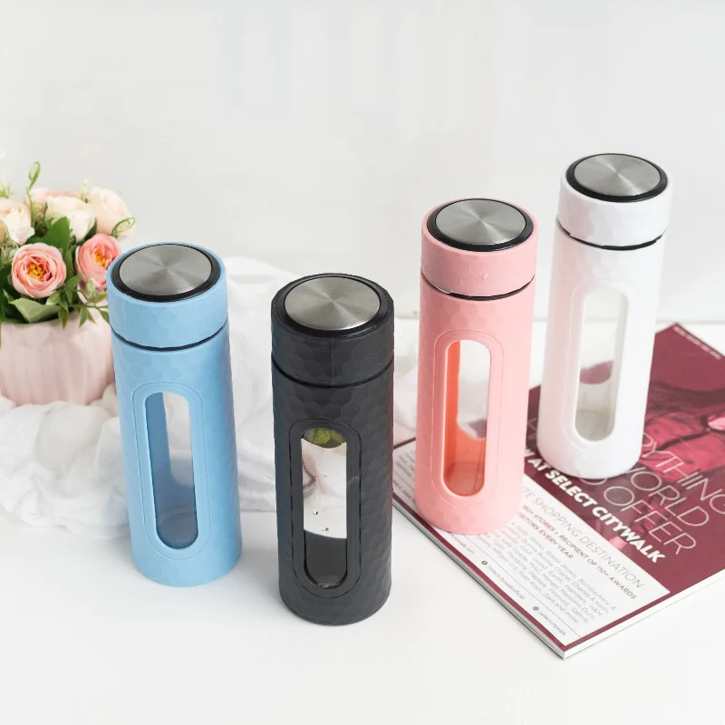 Sports Insulated Glass Water Bottle Double Wall Heat Resisted Bottle With Plastic Case Leak Proof Drinking Car Tumbler Water Bottle Thermal Flask Bottle ,450 ml, Multicolor (1 Piece)