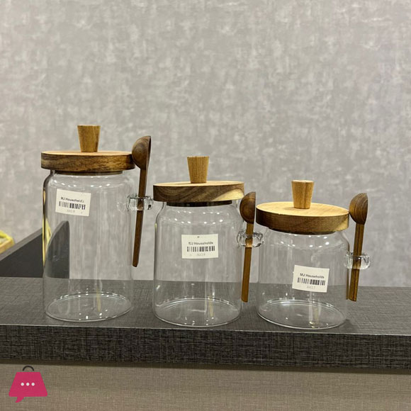Glass Jars with Wooden Lids with Spoons Set of 3