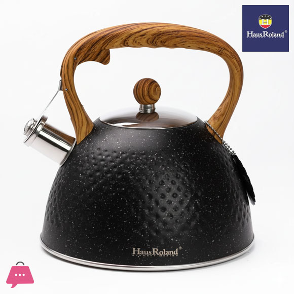 Hausroland Whistle Kettle with Wooden Handle Triple Bottom Stainless Steel Teapot for Stovetop 3liter