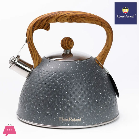 Hausroland Whistle Kettle with Wooden Handle Triple Bottom Stainless Steel Teapot for Stovetop 3liter