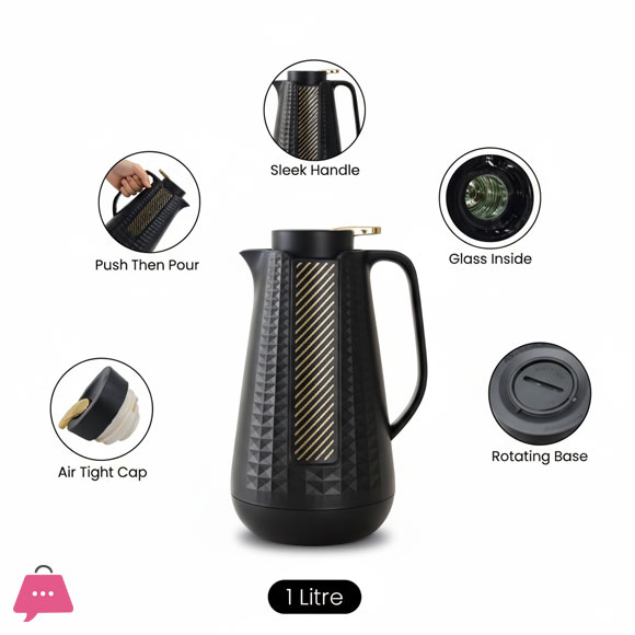 Luxury 1-Litre Geometric Glass Lined Vacuum Flask Thermos – Available in Off-White, Grey & Black