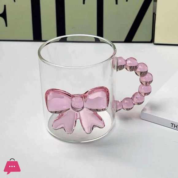 Pink Bow-Detailed Glass Cup with Handle - 300ml