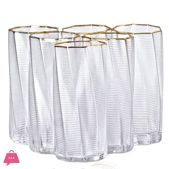 RUSSIAN Gold Rim Ribbed Wave Crystal Highball Glass Set of 6