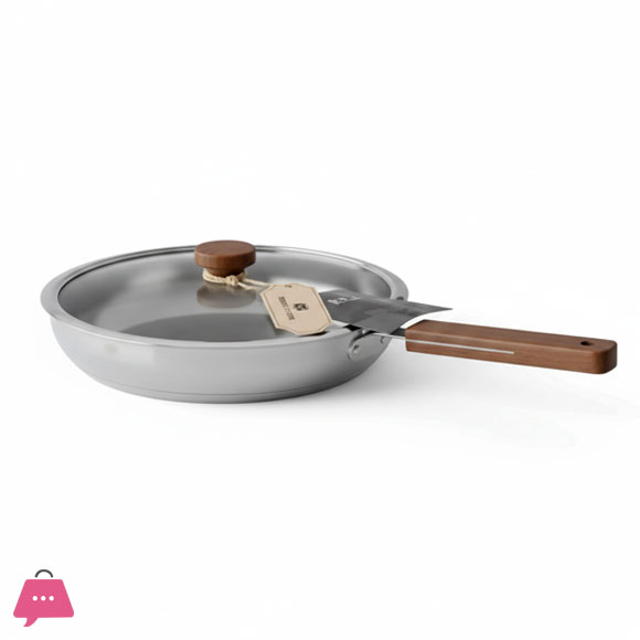 Stainless Steel Frying Pan With Lid Wood Handle 24cm