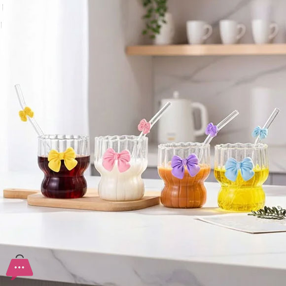 Stylish Bow Ice Tea Glass with Straw 300ML