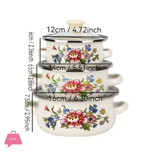 3-Piece Vintage-Style Floral Enameled Cooking Pot Set