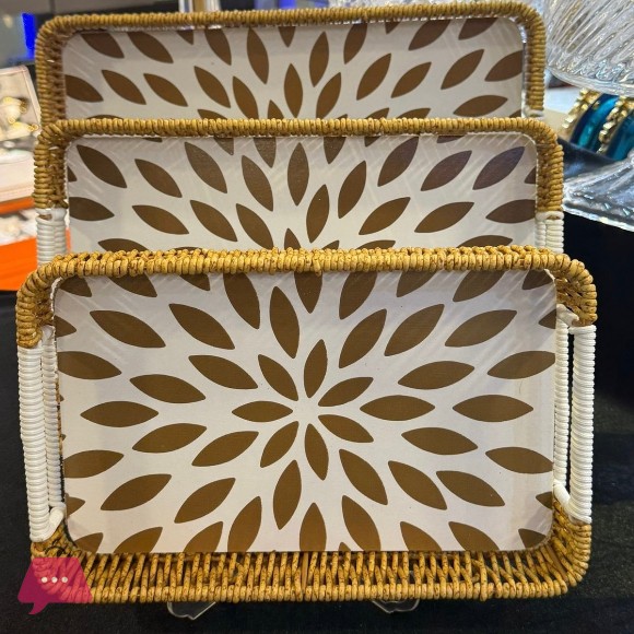 3 - Pieces Woven Rectangular Rattan Serving Tray Decorative Woven Wicker Trays