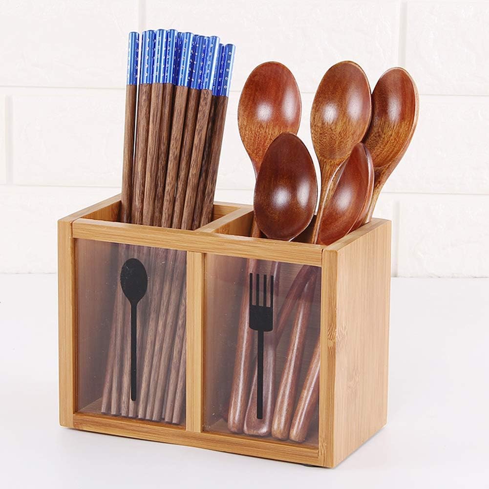Bamboo Cutlery Organiser Kitchen Utensil Holder with 2 Compartments